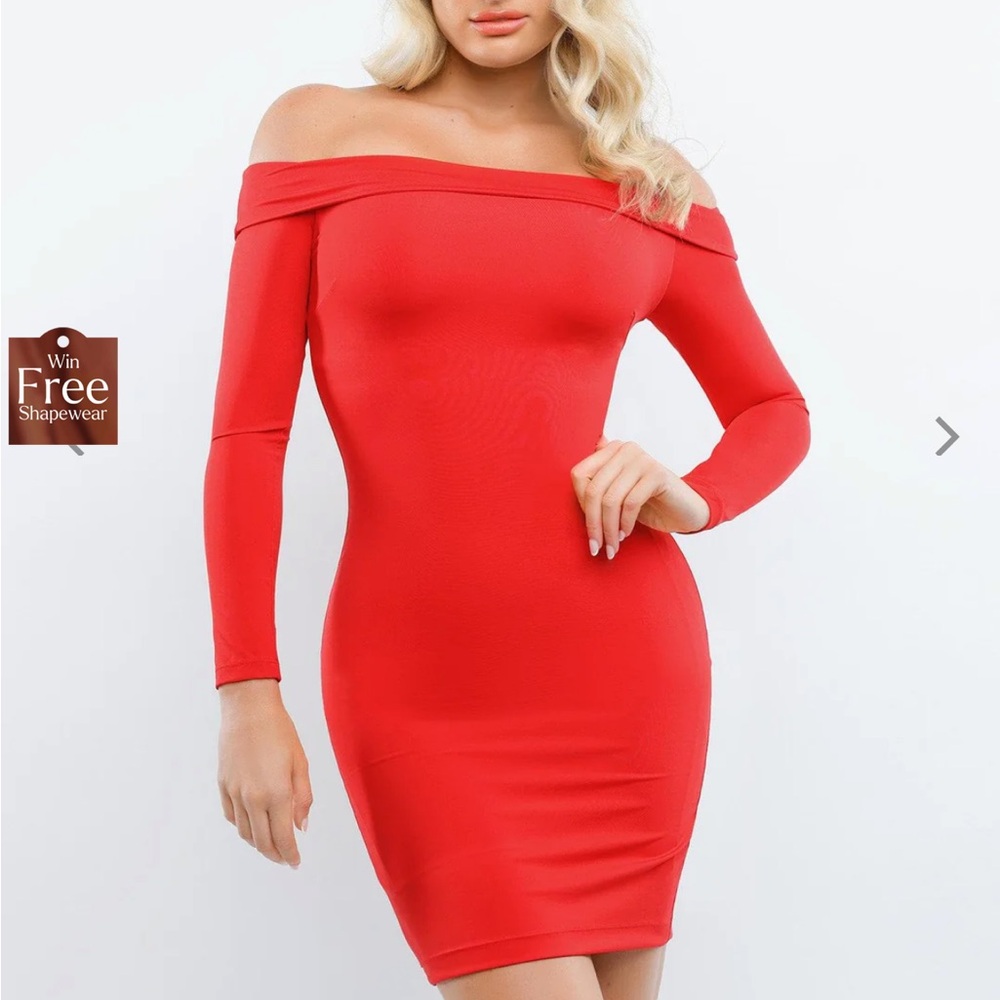 Popilush Shapewear Red Off-Shoulder Dress